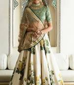 Off-White Floral Print Silk Semi Stitched Lehenga Choli