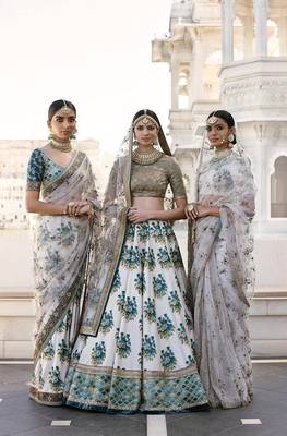 Aqua-Blue Floral Print Silk Semi Stitched Lehenga Choli 1