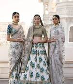 Aqua-Blue Floral Print Silk Semi Stitched Lehenga Choli