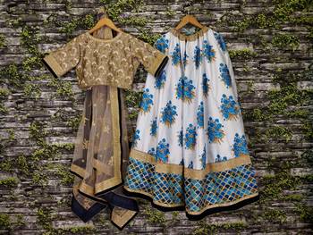 Aqua-Blue Floral Print Silk Semi Stitched Lehenga Choli 3