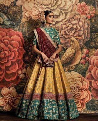 Yellow Thread Embroidery Silk Semi Stitched Lehenga 1