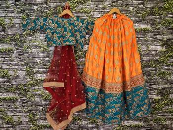Yellow Thread Embroidery Silk Semi Stitched Lehenga 3