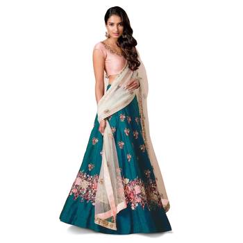 Blue Floral Print Raw Silk Semi Stitched Lehenga Choli 1
