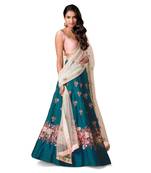 Blue Floral Print Raw Silk Semi Stitched Lehenga Choli