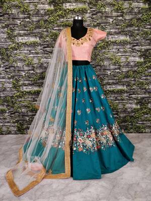 Blue Floral Print Raw Silk Semi Stitched Lehenga Choli 2