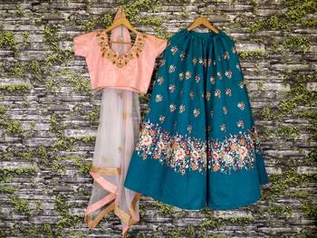 Blue Floral Print Raw Silk Semi Stitched Lehenga Choli 3