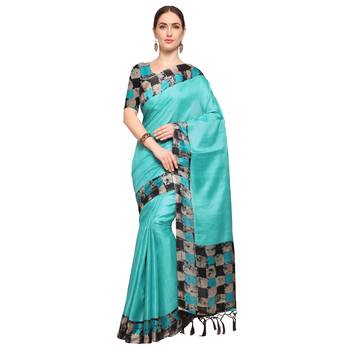 Blue Printed Silk Blend Saree With Blouse 1