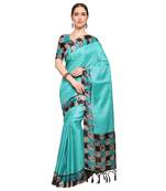 Blue Printed Silk Blend Saree With Blouse