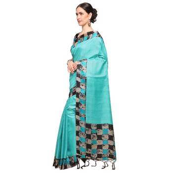 Blue Printed Silk Blend Saree With Blouse 2