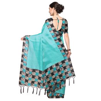 Blue Printed Silk Blend Saree With Blouse 3
