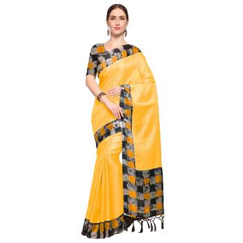 Yellow Printed Silk Blend Saree With Blouse 1