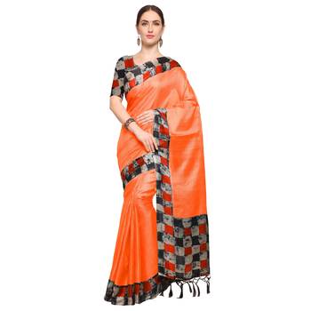 Orange Printed Silk Blend Saree With Blouse 1