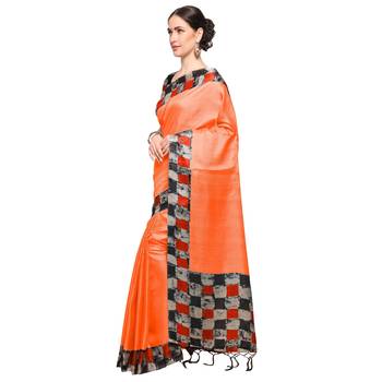 Orange Printed Silk Blend Saree With Blouse 2