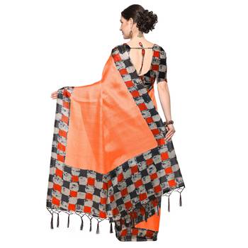 Orange Printed Silk Blend Saree With Blouse 3