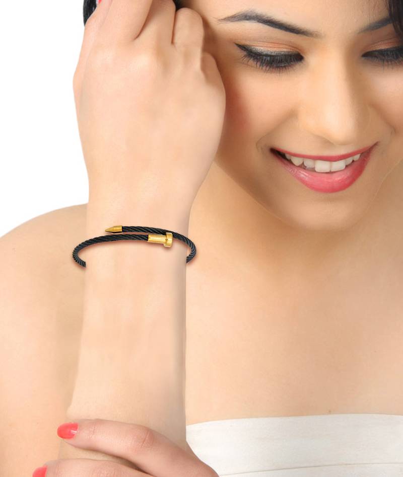 Gold Plated Black 316L Surgical Stainless Steel Openable Free Size Cuff Kada Bracelet Boys Men