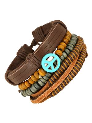 The Jewelbox ZIVOM Peace 100% Genuine Handcrafted Brown Leather Wrist Band Multi Strand Bracelt Men Boys 1