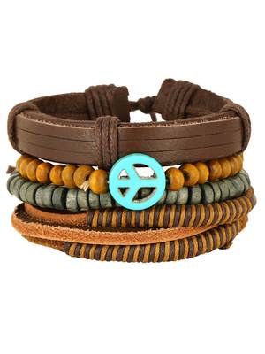 The Jewelbox ZIVOM Peace 100% Genuine Handcrafted Brown Leather Wrist Band Multi Strand Bracelt Men Boys 2