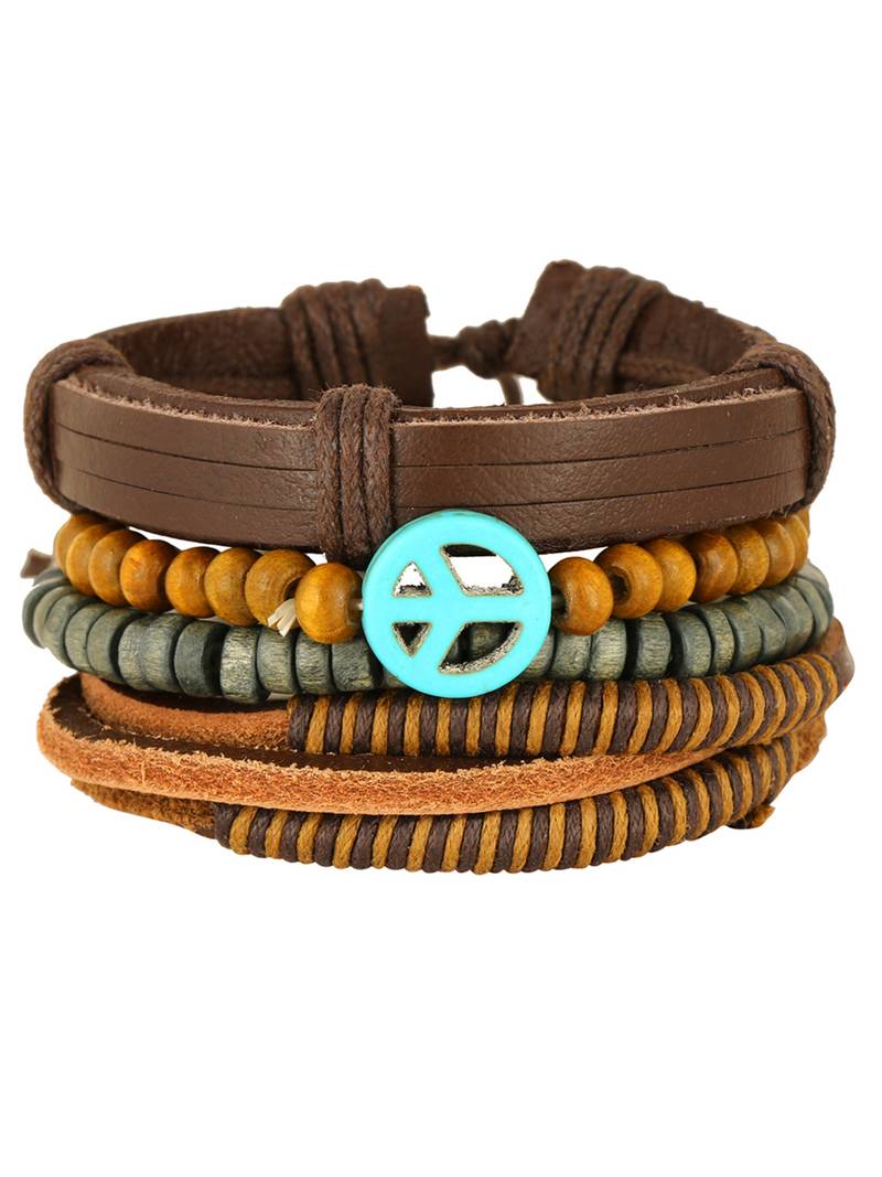 The Jewelbox ZIVOM Peace 100% Genuine Handcrafted Brown Leather Wrist Band Multi Strand Bracelt Men Boys