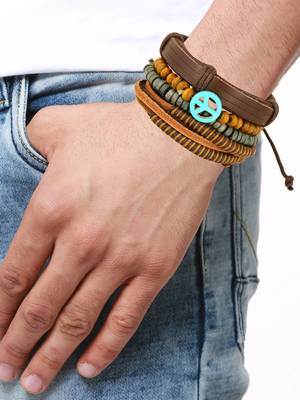The Jewelbox ZIVOM Peace 100% Genuine Handcrafted Brown Leather Wrist Band Multi Strand Bracelt Men Boys 4