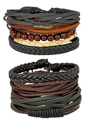 100% Genuine Black Leather Coconut Beads Dyed Rope Stylish Casual Wrist Band Strand Combo Pack Of 2 Bracelet Boys Men 1