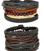 100% Genuine Black Leather Coconut Beads Dyed Rope Stylish Casual Wrist Band Strand Combo Pack Of 2 Bracelet Boys Men