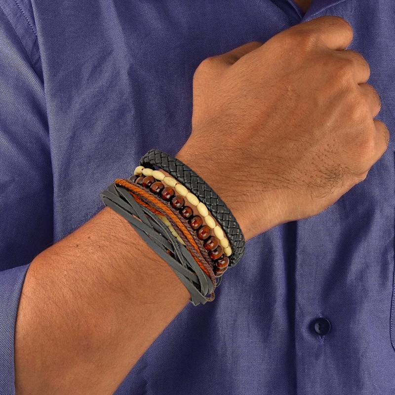100% Genuine Black Leather Coconut Beads Dyed Rope Stylish Casual Wrist Band Strand Combo Pack Of 2 Bracelet Boys Men
