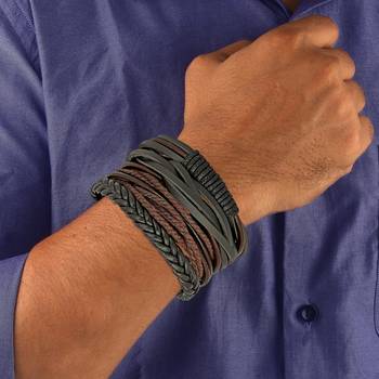 100% Genuine Black Leather Coconut Beads Dyed Rope Stylish Casual Wrist Band Strand Combo Pack Of 2 Bracelet Boys Men 5