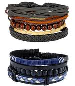 100% Genuine Black Leather Coconut Beads & Blue Black Dyed Rope Stylish Casual Band Combo Pack Of 2 Bracelet Boys Men