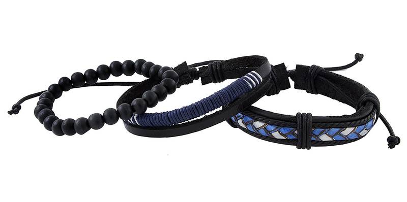 100% Genuine Black Leather Coconut Beads & Blue Black Dyed Rope Stylish Casual Band Combo Pack Of 2 Bracelet Boys Men