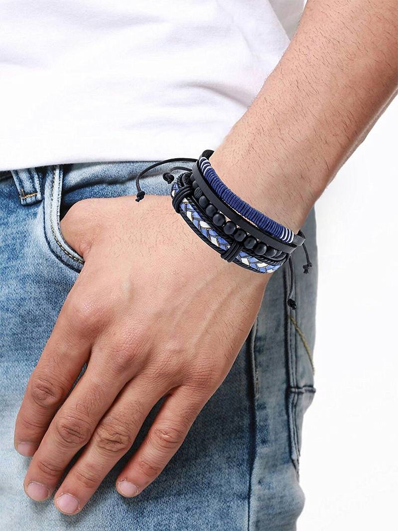 100% Genuine Black Leather Coconut Beads & Blue Black Dyed Rope Stylish Casual Band Combo Pack Of 2 Bracelet Boys Men