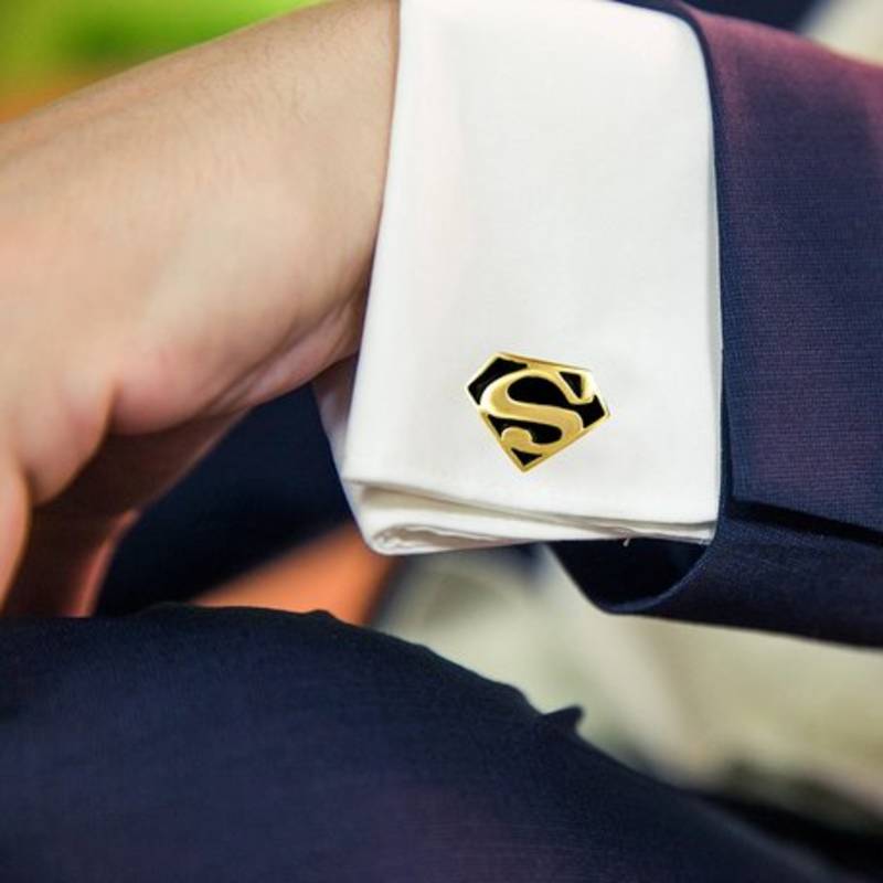 Formal Shirt Superman Logo Black Enamel Gold Plated Cufflinks Pair Boys Men Gift Box