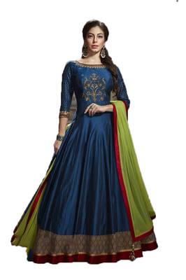 Blue thread embroidery art silk salwar 1