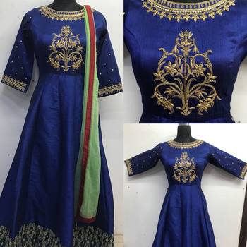 Blue thread embroidery art silk salwar 2