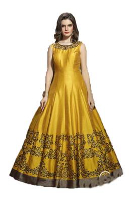 Yellow thread embroidery art silk salwar 1