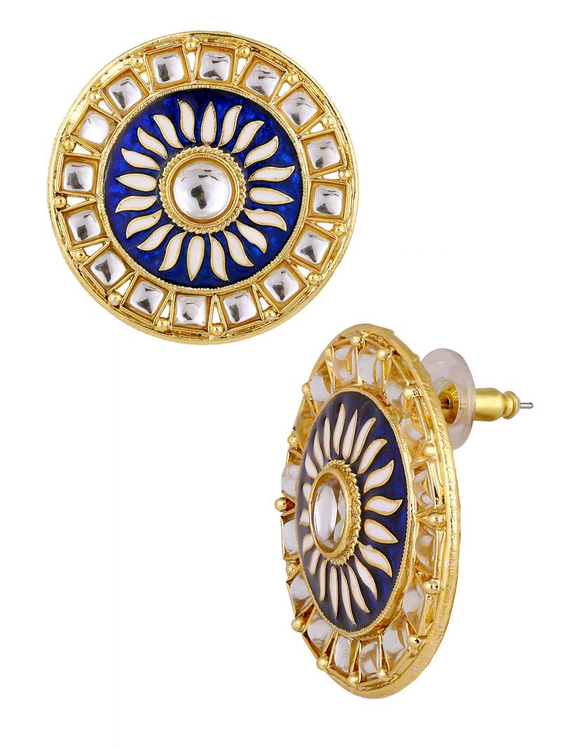 Traditional Fire Large Blue Round Kundan Meenakari Stud Earring Girls Women