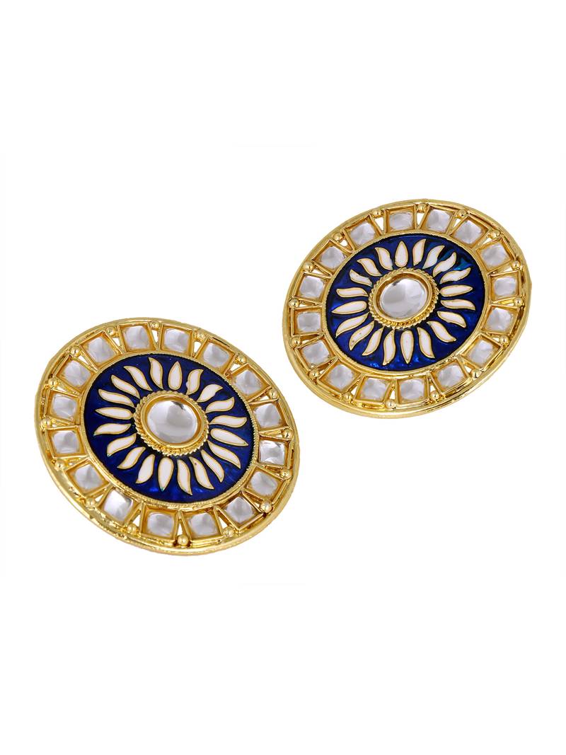 Traditional Fire Large Blue Round Kundan Meenakari Stud Earring Girls Women