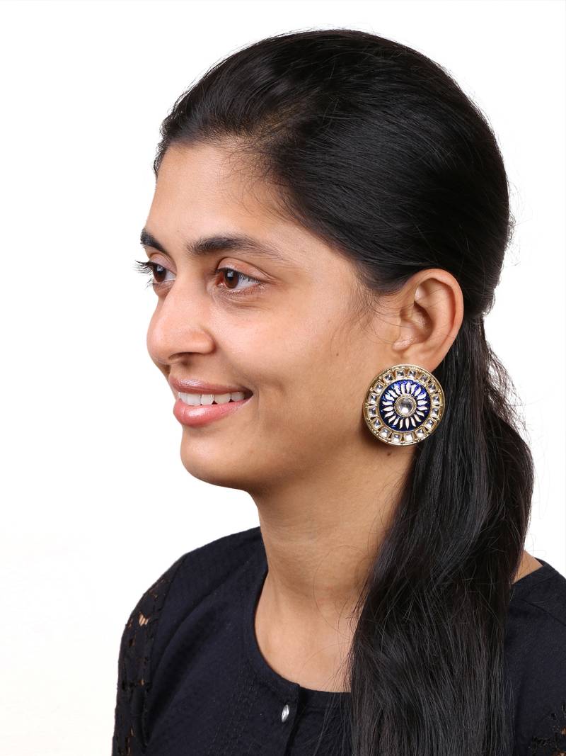 Traditional Fire Large Blue Round Kundan Meenakari Stud Earring Girls Women