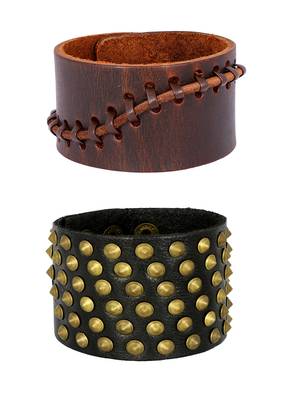 Disco Casual Wear Dark Brown Handcrafted Leather Adjustable Wrist Band Strap Combo Pack Of 2 Bracelet Boys Men 1