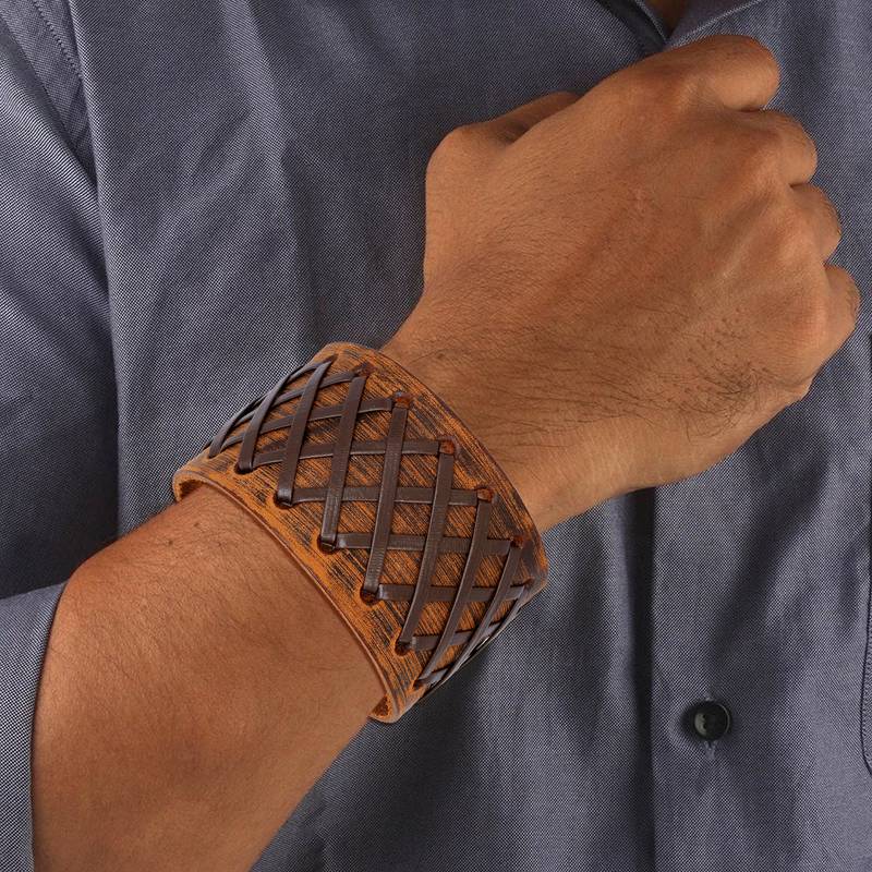 Stitched Braided Tan Brown Handcrafted Funky Casual Chain Leather Wrist Band Combo Pack Of 2 Bracelet Boys Men