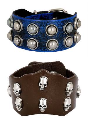 Casual Burnt Blue Black Handcrafted  & Funky Punk Skull Dark Brown Leather Combo Pack Of 2 Bracelet Boys Men 1