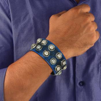 Casual Burnt Blue Black Handcrafted  & Funky Punk Skull Dark Brown Leather Combo Pack Of 2 Bracelet Boys Men 3