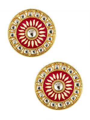 Traditional Fire Large Maroon Round Kundan Meenakari Stud Earring Girls Women 1