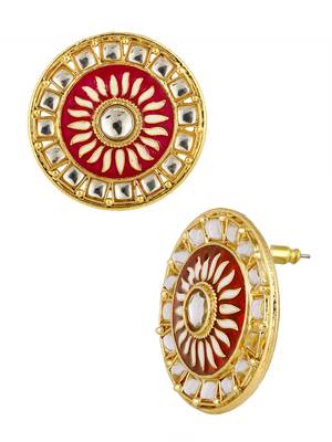 Traditional Fire Large Maroon Round Kundan Meenakari Stud Earring Girls Women 2