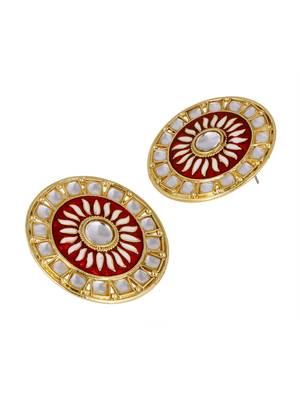 Traditional Fire Large Maroon Round Kundan Meenakari Stud Earring Girls Women 3