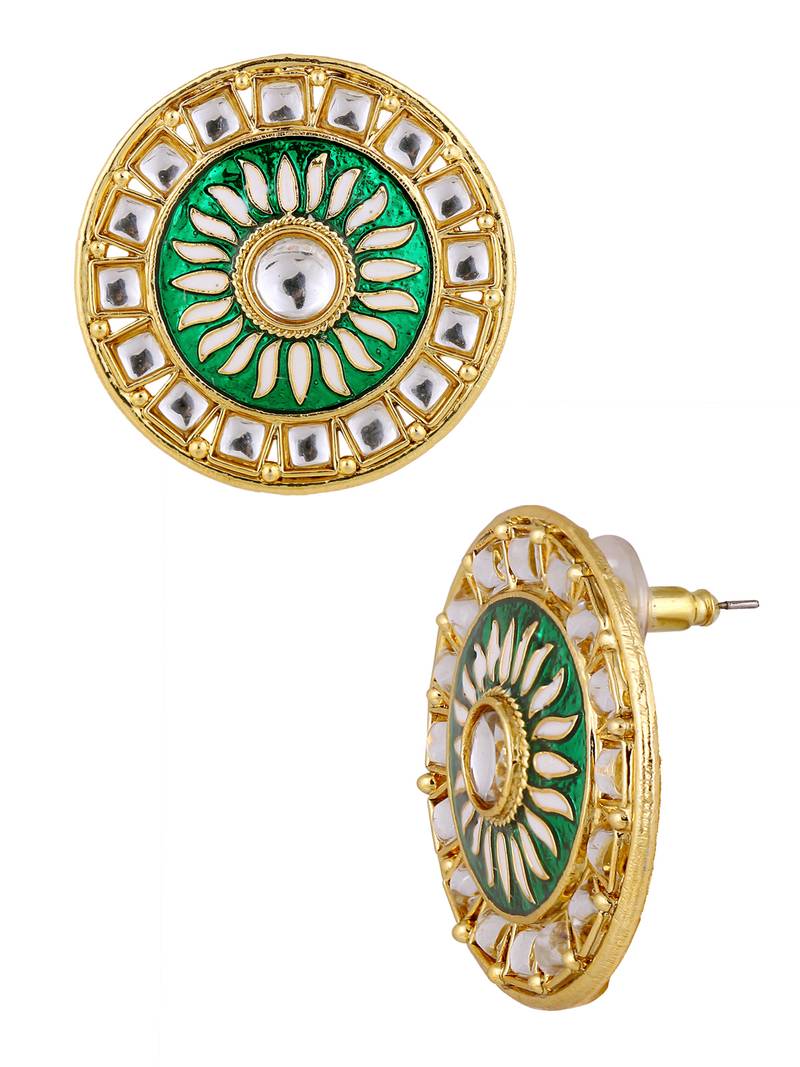 Traditional Fire Large Green Round Kundan Meenakari Stud Earring Girls Women