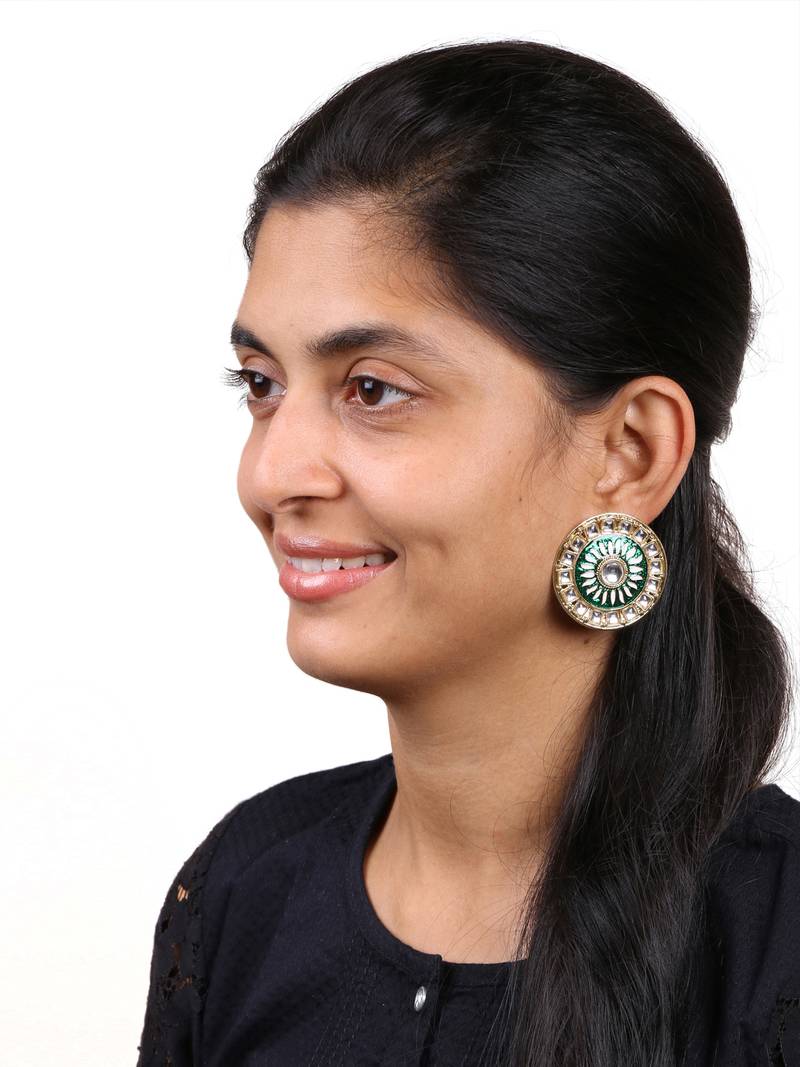 Traditional Fire Large Green Round Kundan Meenakari Stud Earring Girls Women