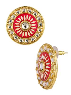 Traditional Fire Large Rani Pink Round Kundan Meenakari Stud Earring Girls Women 2