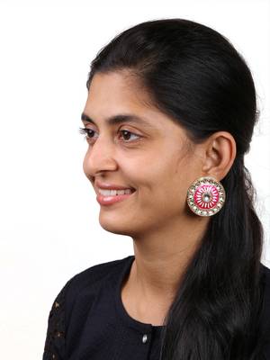 Traditional Fire Large Rani Pink Round Kundan Meenakari Stud Earring Girls Women 4
