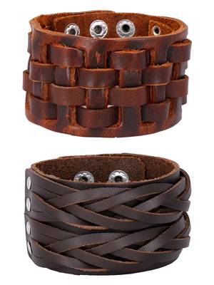 Braided Dark Brown Handcrafted & Funky Checks Mat Leather Wrist Band Combo Pack Of 2 Bracelet Boys Men 1