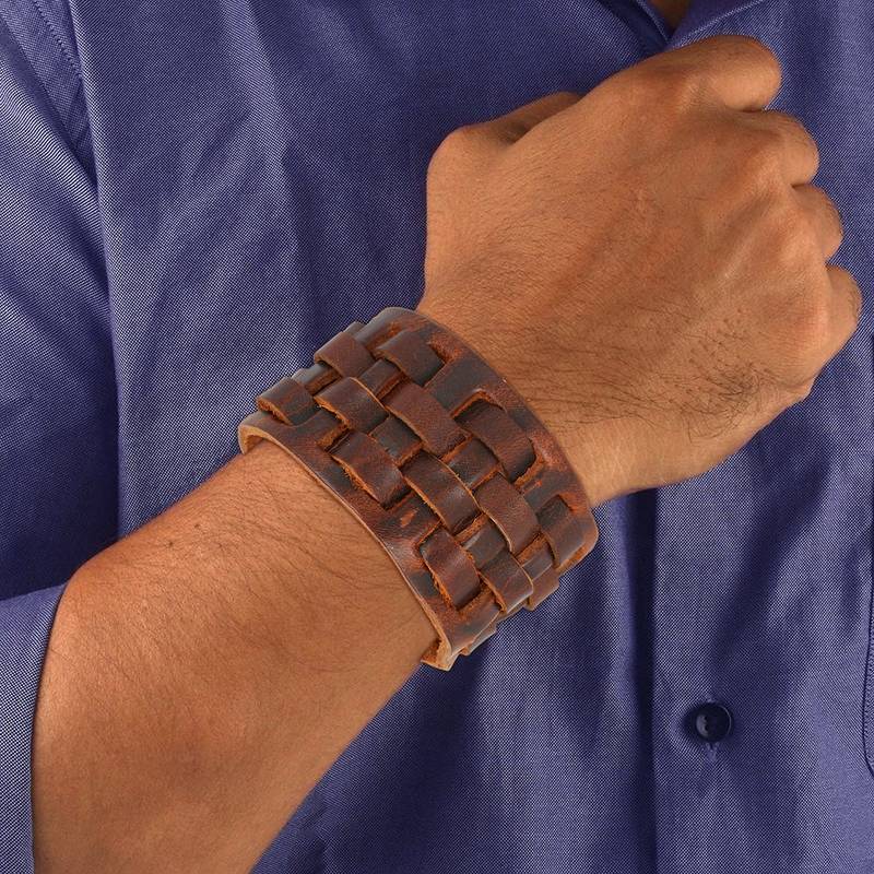 Braided Dark Brown Handcrafted & Funky Checks Mat Leather Wrist Band Combo Pack Of 2 Bracelet Boys Men